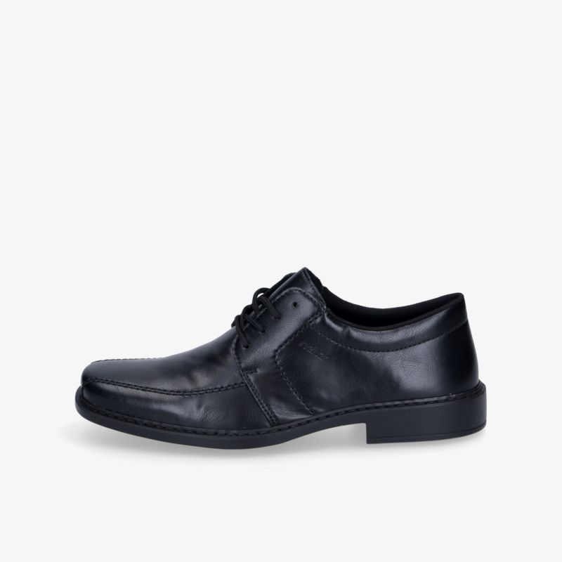 Eleganter schwarzer Lederschuh mit klassischer Form, bequemer Passform und robuster Sohle, seitliche Ansicht