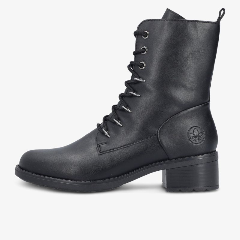 Schwarzer Lederstiefel mit Schnürung und mittelhohem breitem Absatz, seitliche Ansicht, eleganter und robuster Schuh