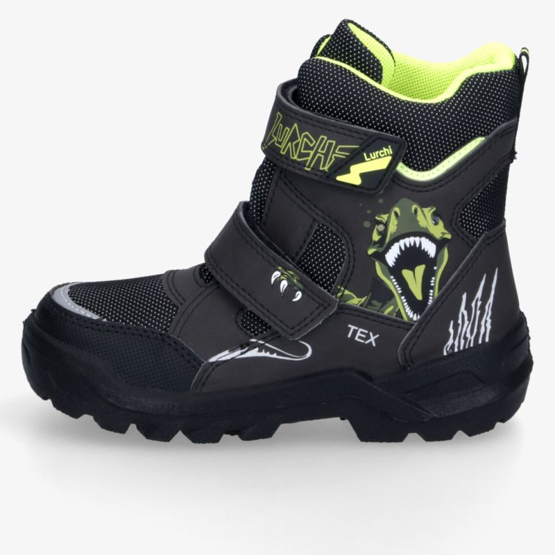 Schwarzer Kinder-Winterstiefel mit robustem Profil, warmem Futter, Klettverschluss und wasserabweisender TEX-Membran