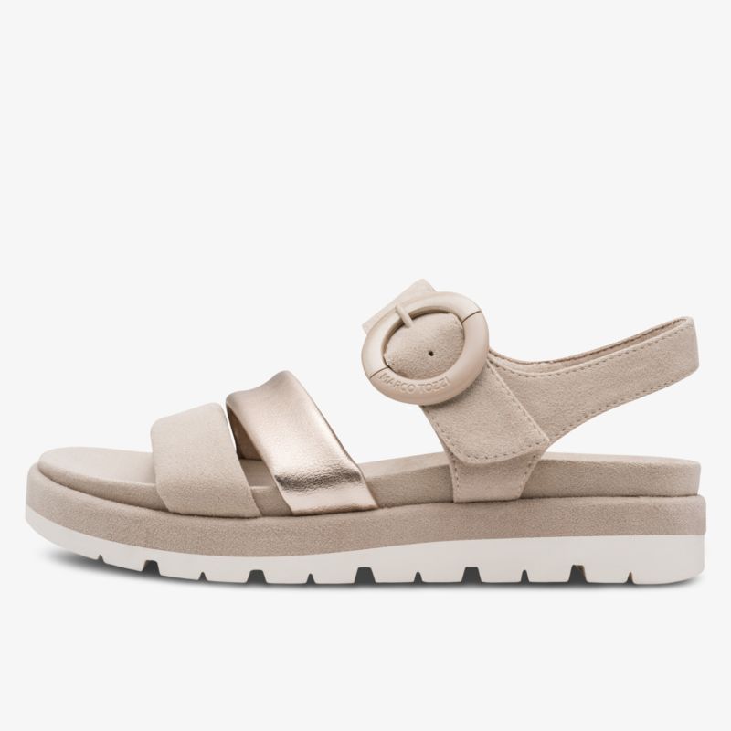 Bequeme Sandale mit gepolsterter Sohle und verstellbarem Metallic-Riemen auf rutschfester weißer Laufsohle