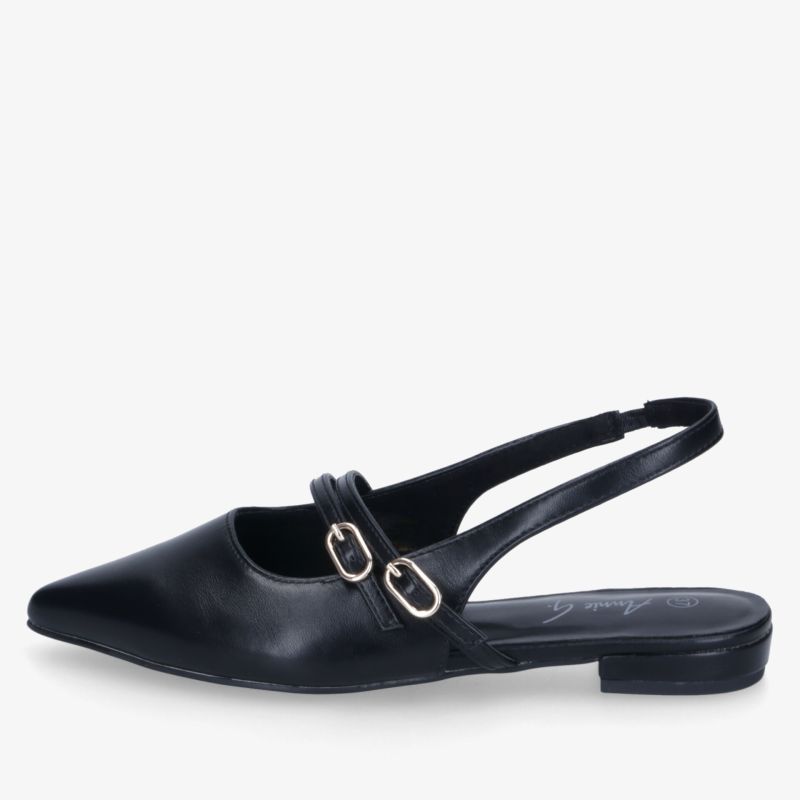 Eleganter schwarzer Slingback Schuh mit spitzer Form und flachem Absatz, komfortabel und stilvoll, seitliche Ansicht