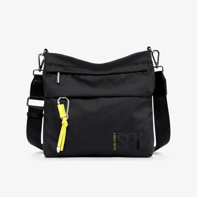 Sportliche schwarze Schultertasche mit gelbem Anhänger, verstellbarem Gurt und mehreren Reißverschlussfächern