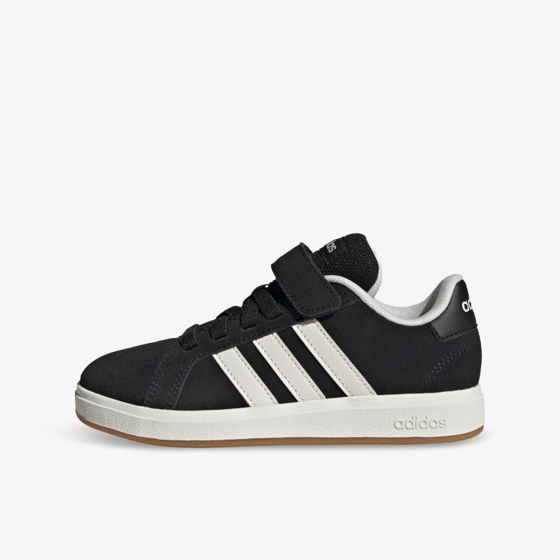 Schwarzer Adidas Schuh mit weißen Streifen, seitliche Ansicht, sportlich und bequem