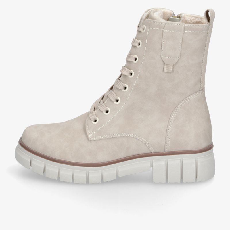 Beiger Winterboots mit warmem Innenfutter, robuster rutschfester Sohle und praktischer Schnürung in seitlicher Ansicht