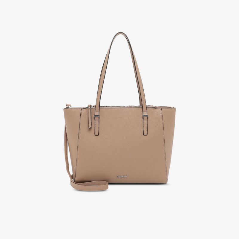Beige Handtasche mit schlichtem Design, großem Stauraum und langen Henkeln für vielseitigen Einsatz.