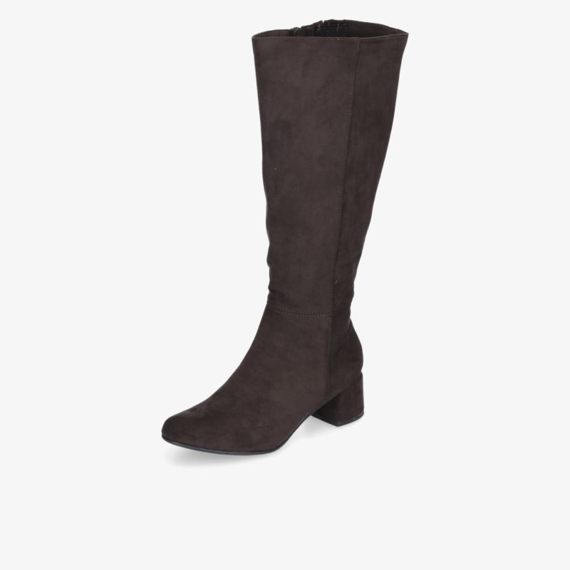 Dunkelbrauner hoher Stiefel aus weichem Veloursleder mit elegantem Schaft und bequemem Blockabsatz, schräg vorne