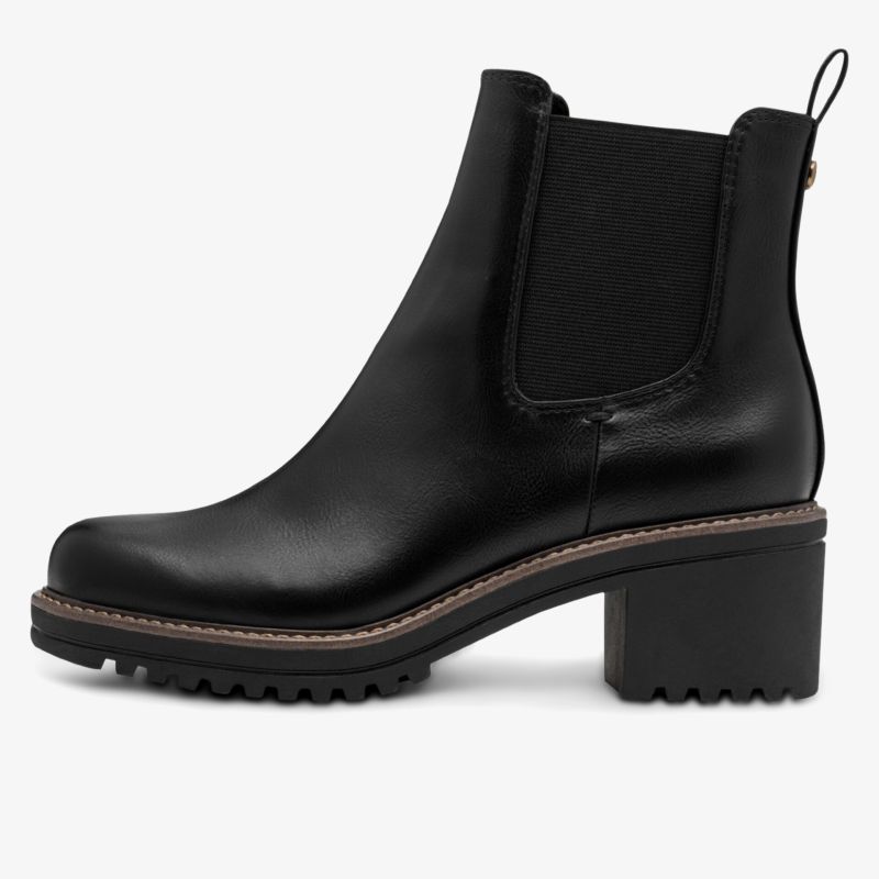Schwarzer Stiefel mit blockabsatz und elastischen Einsätzen seitliche Ansicht