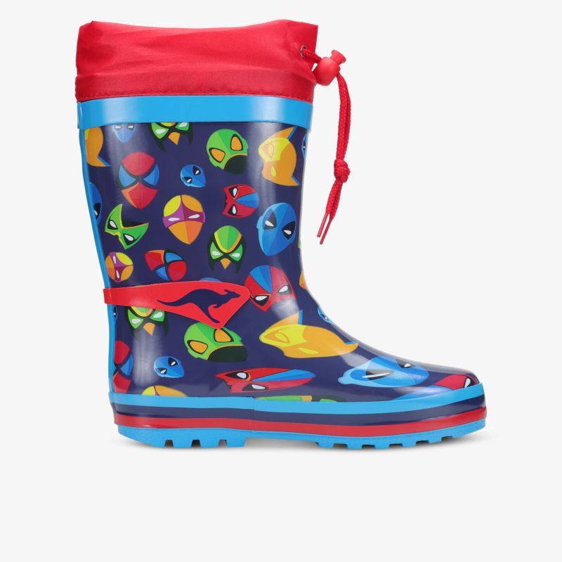 Seitliche Ansicht farbenfroher wasserdichter Gummistiefel mit rutschfester Sohle und verstellbarem Schnürzug