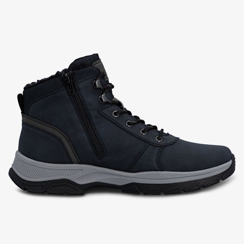 Schwarzer hochgeschnittener Schuh mit robustem Reißverschluss und rutschfester grauer Sohle, seitliche Ansicht