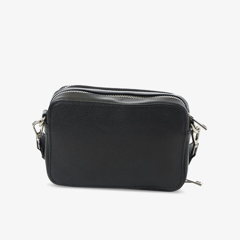 Schwarze kompakte Umhängetasche aus Leder mit Reißverschluss und elegantem, modernem Design