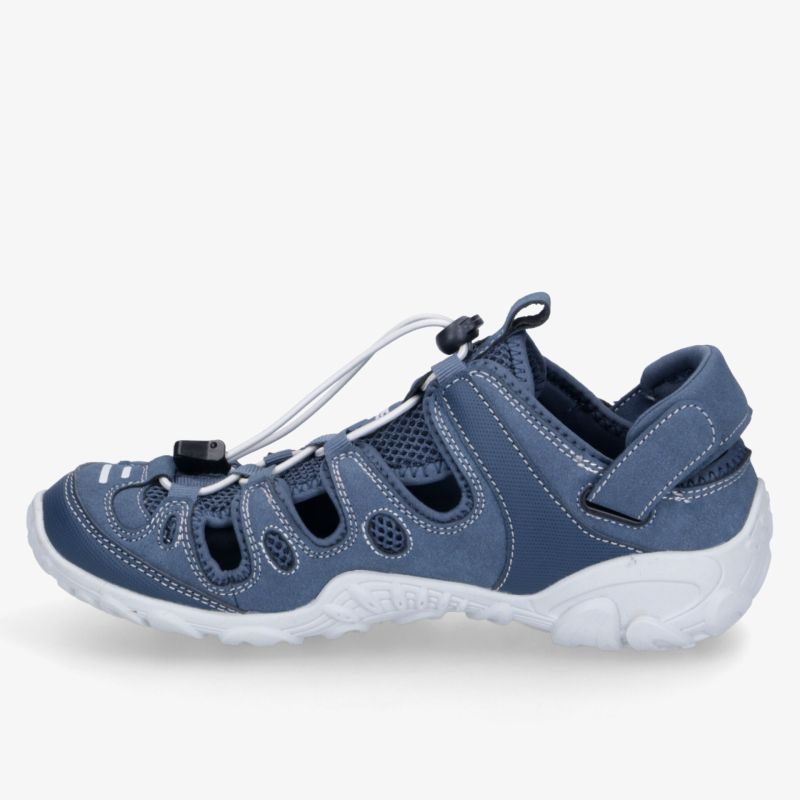 Seitliche Ansicht eines blauen, leichten und atmungsaktiven Sandalen-Schuhs mit verstellbarem Klettverschluss