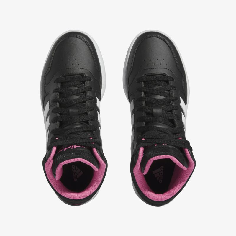 Schwarze Sneaker mit weißen Streifen und pinken Details, ideal für Sport und Freizeit.