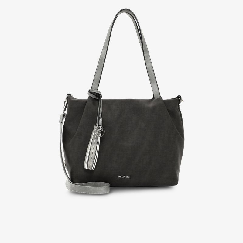 Schwarze geräumige Tasche mit modischem Design, abnehmbarem Anhänger und eleganten langen Henkeln