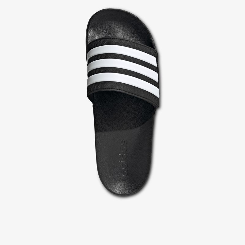 Bequeme schwarze Badelatsche mit weißen Streifen und rutschfester Sohle, ideale Sandale für Alltag und Freizeit