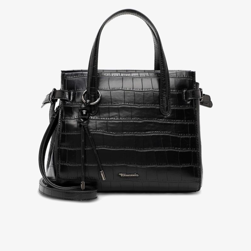 Elegante schwarze Handtasche mit Kroko-Prägung, stabilen Tragegriffen und abnehmbarem Schulterriemen