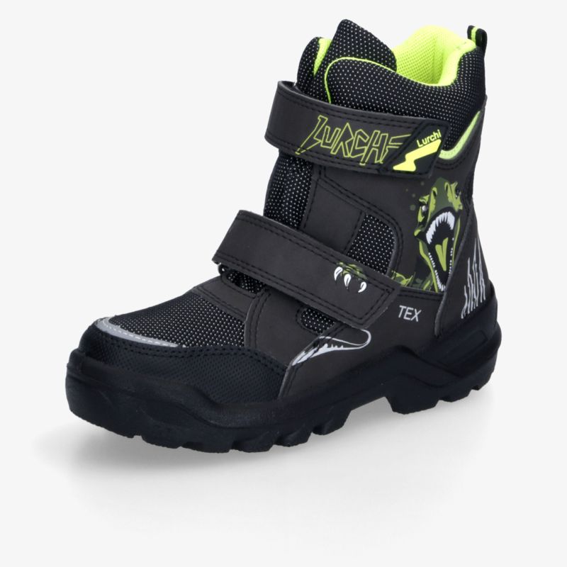 Robuster schwarzer Winterstiefel mit Klettverschluss, warmem Innenfutter, wasserdichter Membran und griffiger Profilsohle