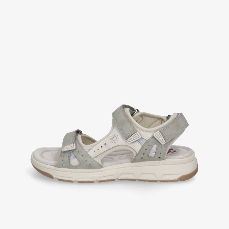 Bequeme graue und beige Sandale mit verstellbaren Klettverschlüssen und gepolsterter Innensohle für den Alltag