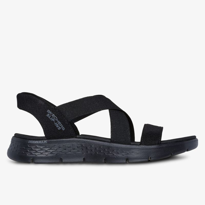 Bequeme schwarze Sandale mit flexiblen Riemen und rutschfester Sohle.