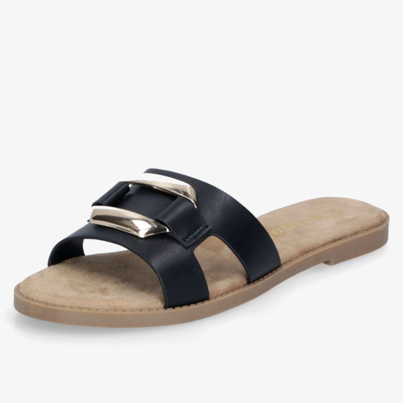 Schwarze Sandale mit zwei goldfarbenen Schnallen, flache und bequeme Innensohle, modisches sommerliches Design