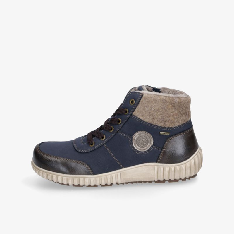 Robuster blauer Freizeit-Schuh mit grauer Polsterung, flexible rutschfeste Sohle und komfortabler Schnürung