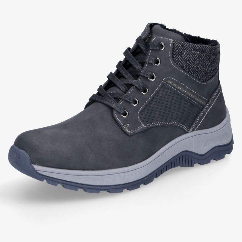 Robuster grauer Outdoor-Schuh mit warmem Innenfutter, rutschfester Profilsohle und bequemer Passform in schräger Frontansicht