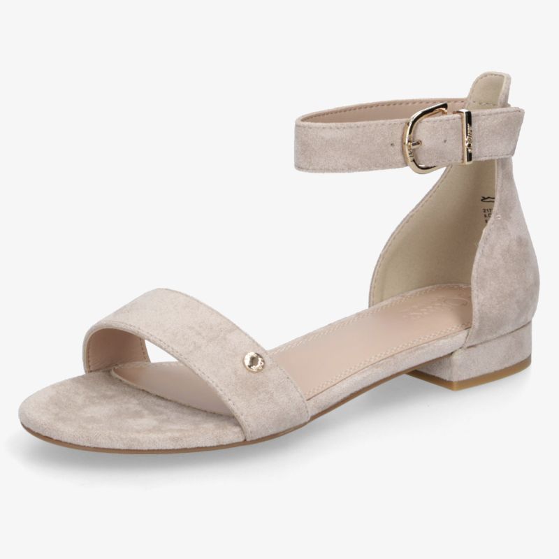 Beiger Sandalenschuh mit niedrigem Absatz und verstellbarem Knöchelriemen, bequemer und eleganter Sommerschuh