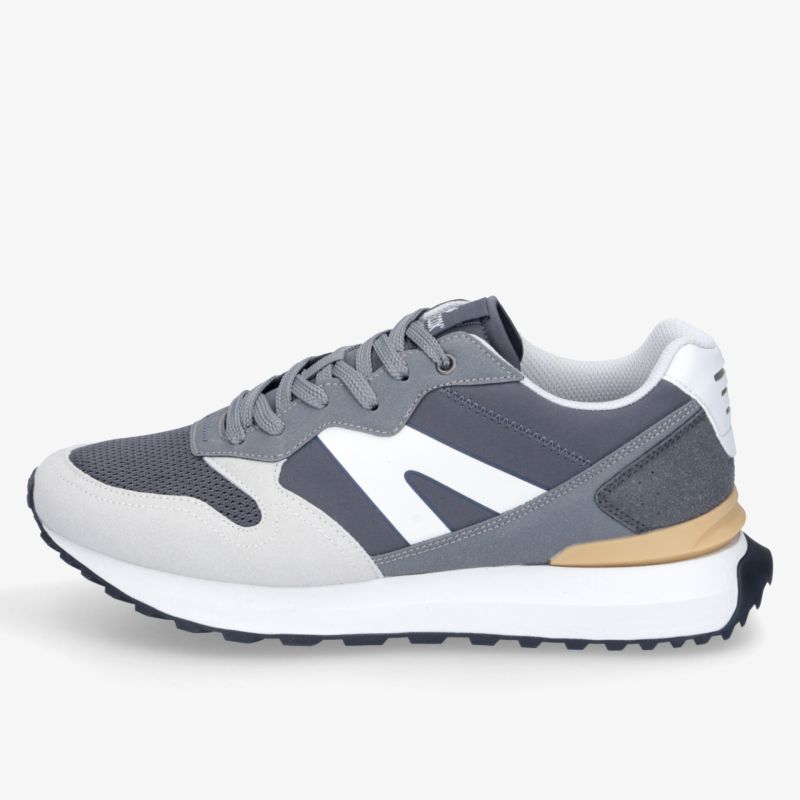 Moderner grauer Sportschuh mit atmungsaktivem Material und bequemer Passform, seitliche Ansicht