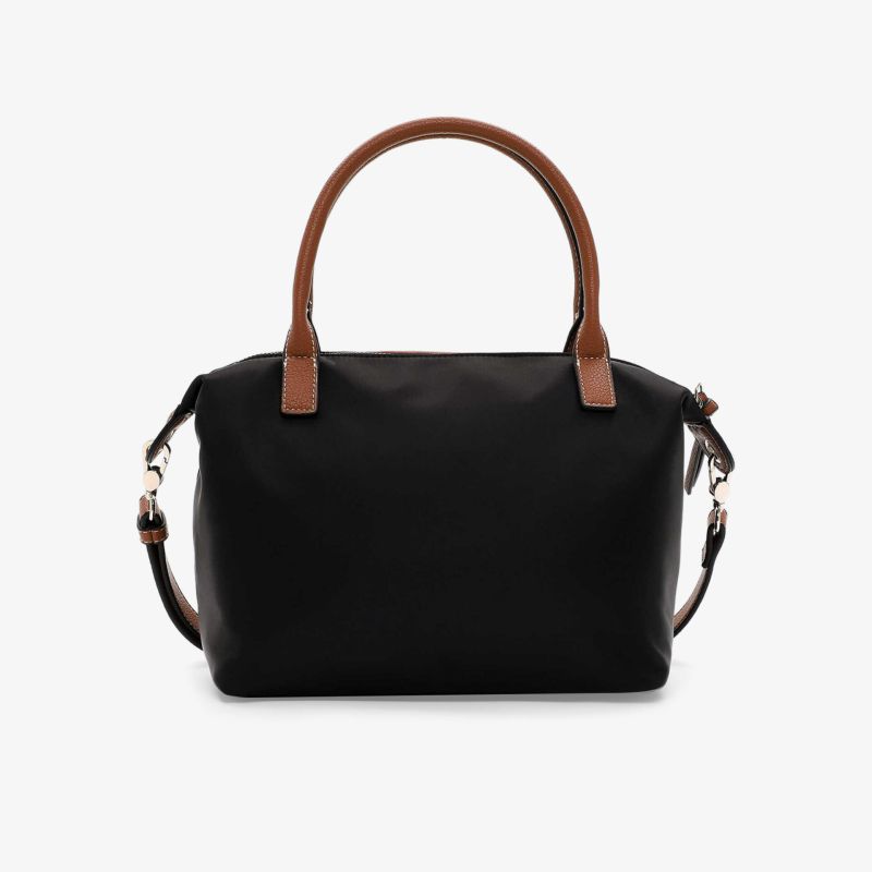 Schwarze Tasche mit stabilen braunen Griffen, geräumigem Inneren und modernem, robustem Design