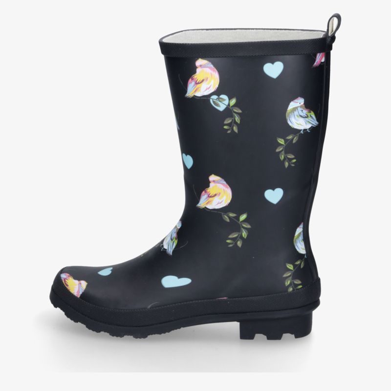 Wasserdichter schwarzer Gummistiefel mit buntem Blumenmuster und rutschfester Profilsohle für sicheren Halt