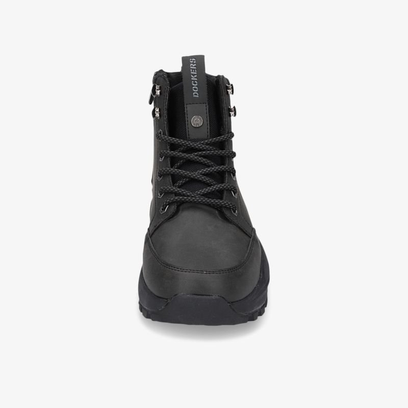 Schwarzer robuster Winterstiefel vorne mit schnürbarem Verschluss und rutschfester Sohle für optimalen Komfort