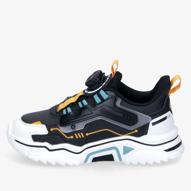 Moderner sportlicher Schuh in Weiß, Schwarz und Türkis mit robustem Design und bequemem Tragekomfort seitlich aufgenommen