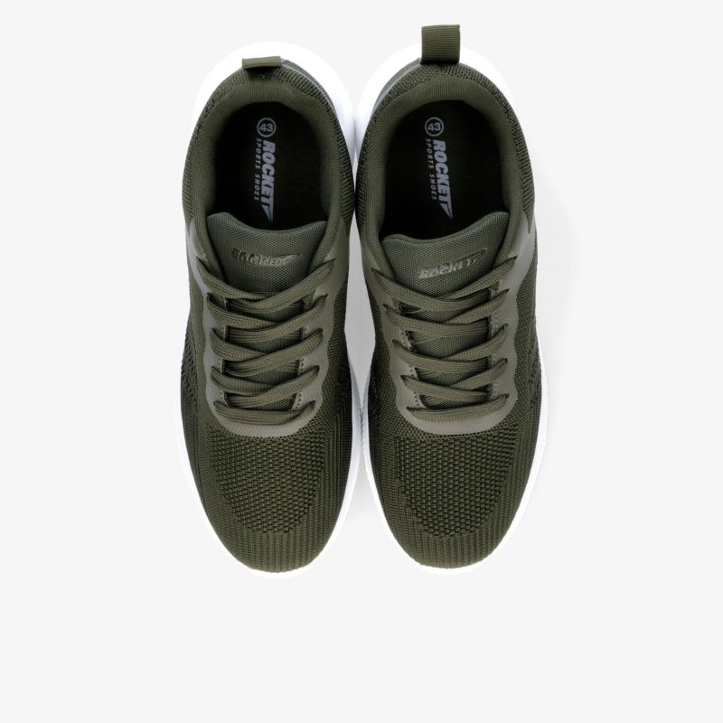 Olivgrüne Sneaker als Paar in Draufsicht, mit Schnürsenkeln, strukturiertem Mesh und gepolstertem Schaftrand