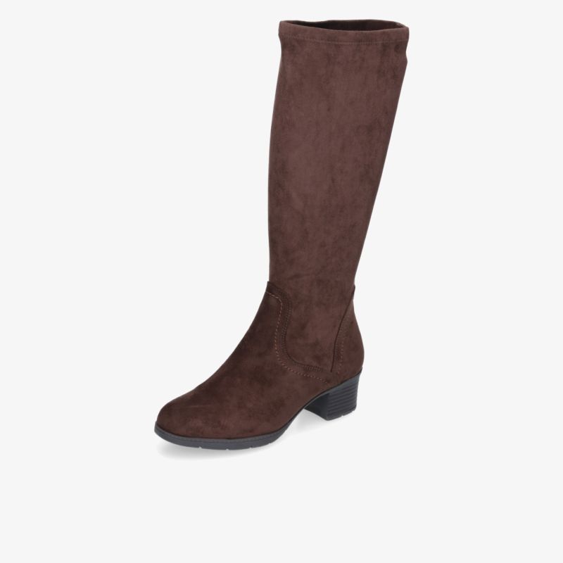 Brauner hoher Stiefel aus weichem Material mit elegantem Absatz und zeitloser Form, freigestellt auf weißem Hintergrund.