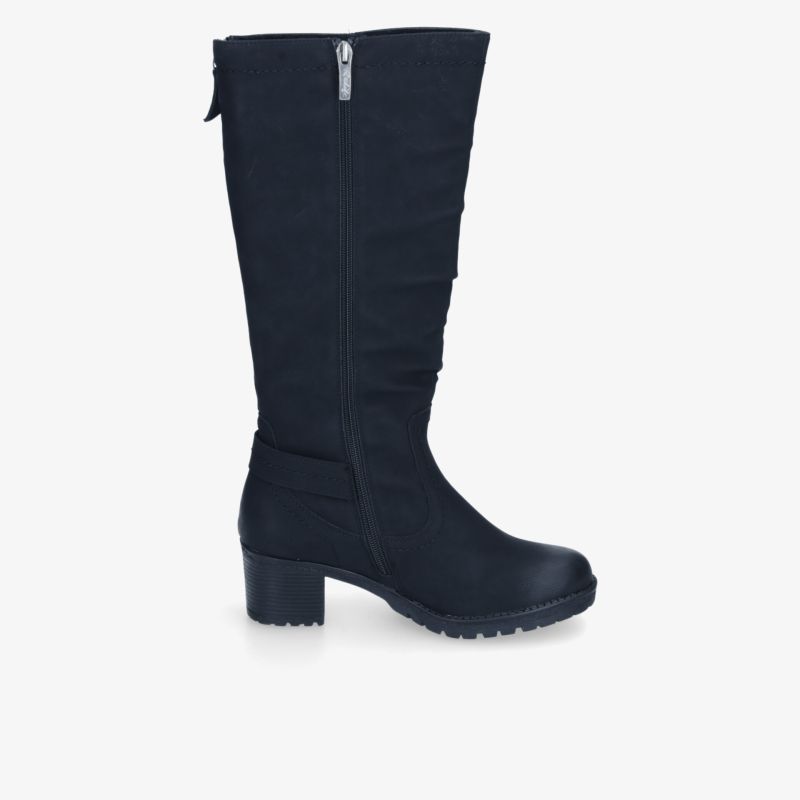 Seitlich abgebildeter eleganter hoher Stiefel mit robustem Absatz und praktischem seitlichem Reißverschluss