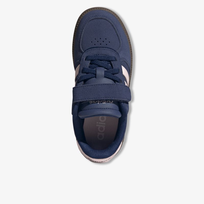 Obere Draufsicht eines blauen Schuhs mit Klettverschluss und atmungsaktivem Material