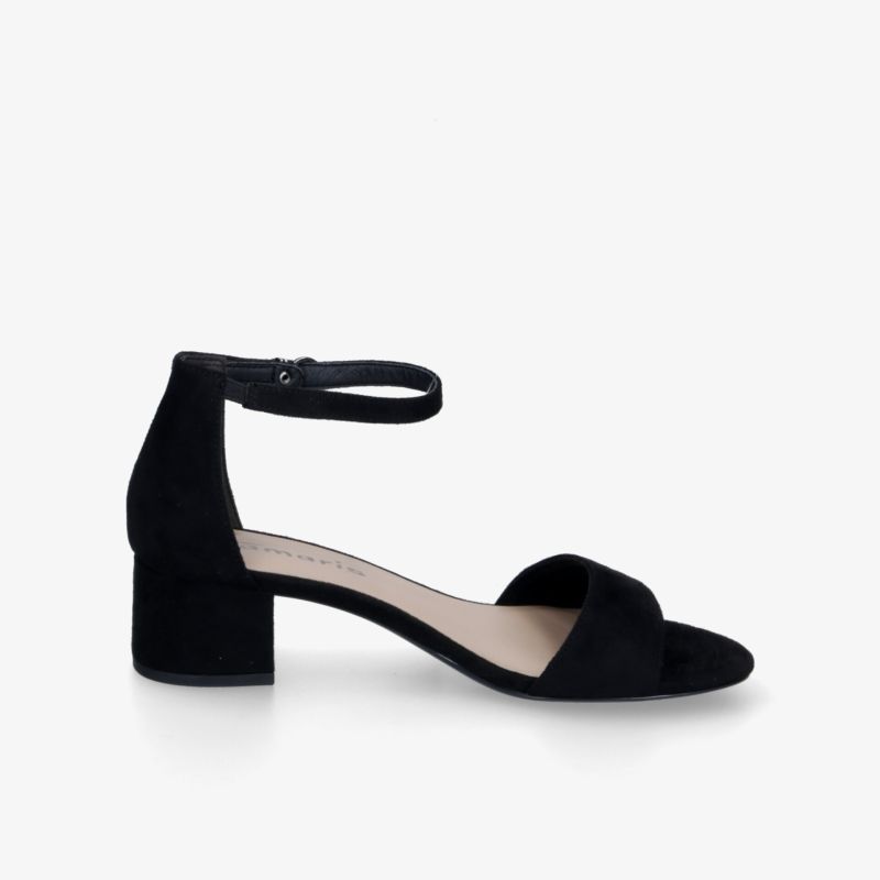 Schwarze Sandale mit mittelhohem Blockabsatz und verstellbarem Knöchelriemen, elegante und bequeme Passform