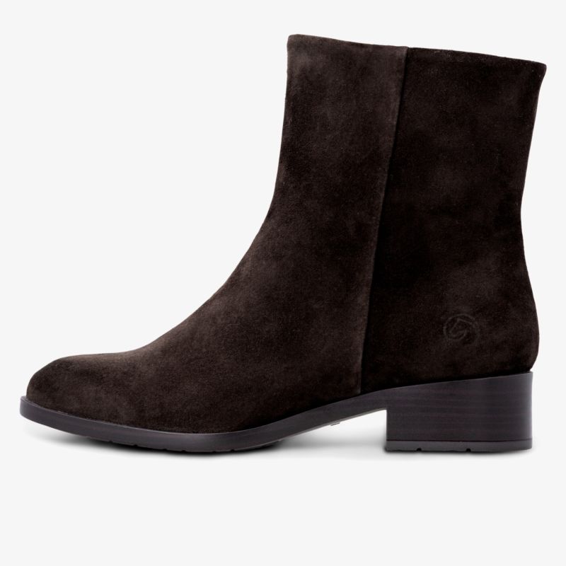 Dunkelbrauner Veloursleder-Stiefel mit mittelhohem Blockabsatz und seitlichem Reißverschluss