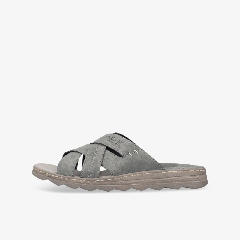 Seitenansicht einer grauen Sandale mit geschwungenem Riemendesign und komfortabler, profilierter Sohle