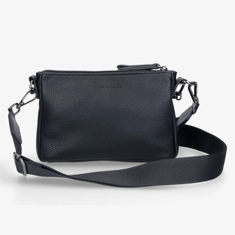 Schwarze kompakte Tasche aus Lederoptik mit verstellbarem Schulterriemen, modernes zeitloses Design