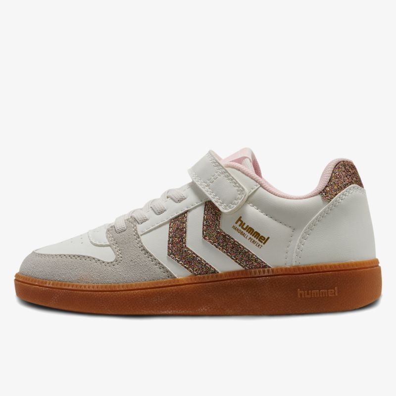 Weiße Sneaker mit Veloursleder Details, praktischem Klettverschluss und robuster brauner Gummi-Sohle