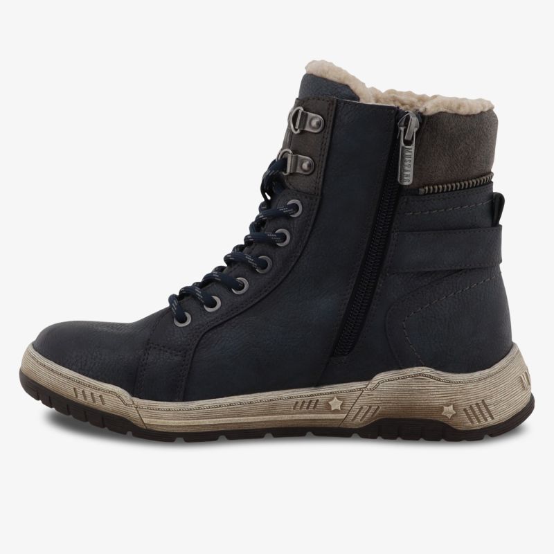 Robuster Freizeitstiefel mit warmer Innenfütterung, Reißverschluss und Schnürsenkeln in seitlicher Ansicht