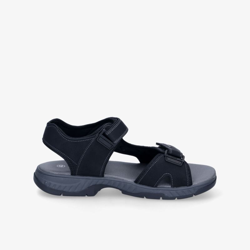 Sportliche schwarze Sandale mit verstellbaren Riemen und robuster, bequemer Sohle in klarer Seitenansicht