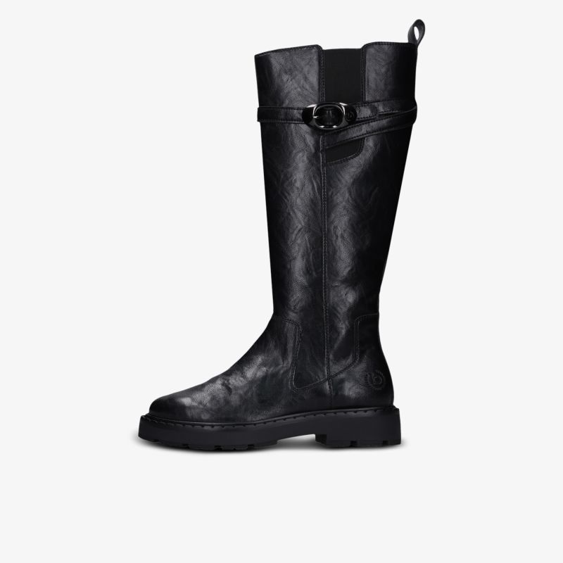 Seitlich abgebildeter schwarzer hoher Lederstiefel mit robuster Sohle und modischem Design