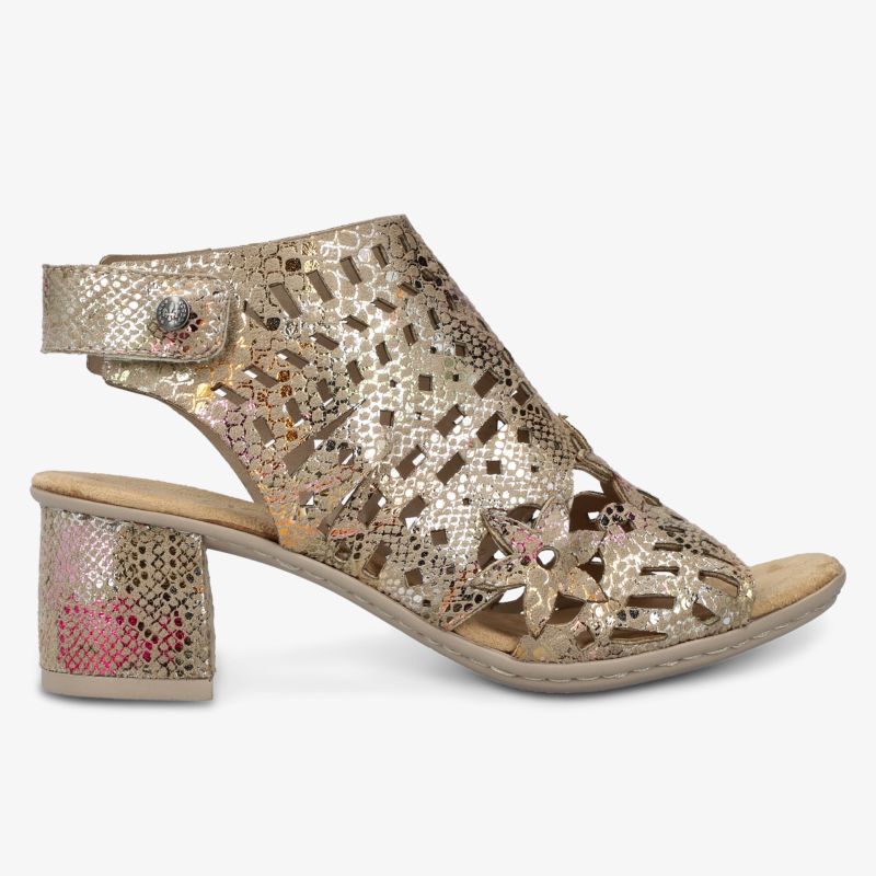 Elegante Sandale mit verstellbarem Riemen und bequemem Blockabsatz in metallisch perforiertem Design