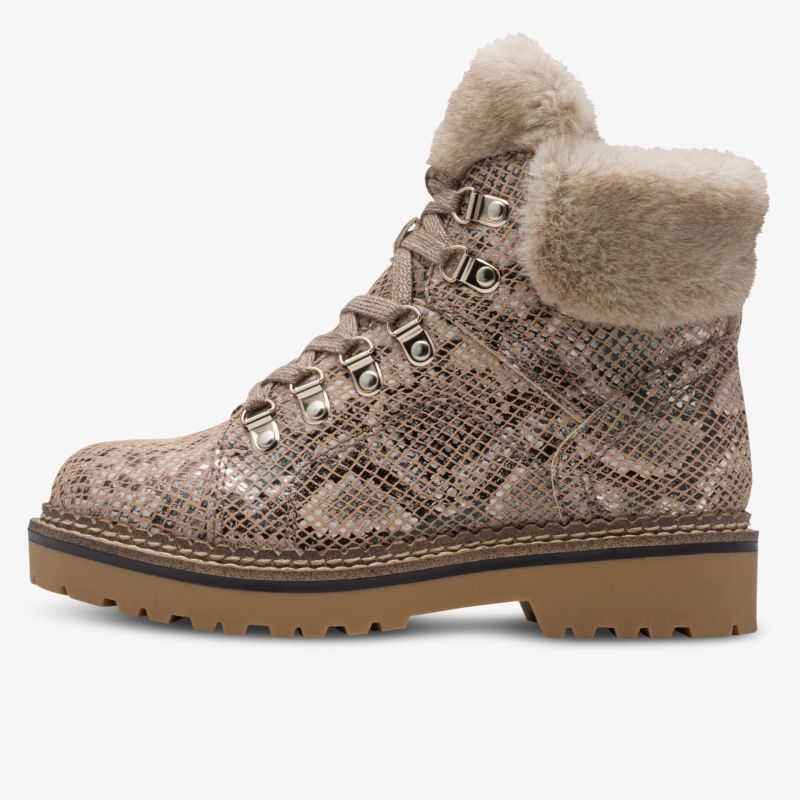 warmer Winterstiefel mit robuster Profilsohle, Schnürverschluss und flauschigem Kragen im modischen Schlangenmuster