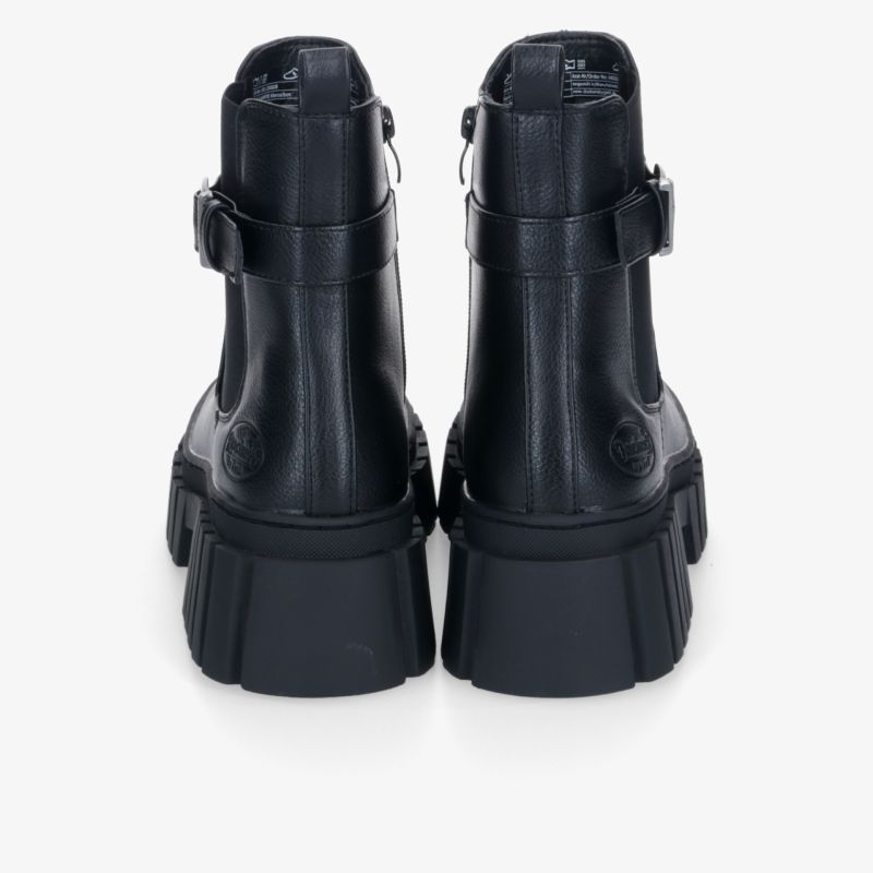 Robuste schwarze Stiefel mit hoher Sohle und stabilem Schaft, Rückansicht zeigt stabilen Halt und festen Verschluss
