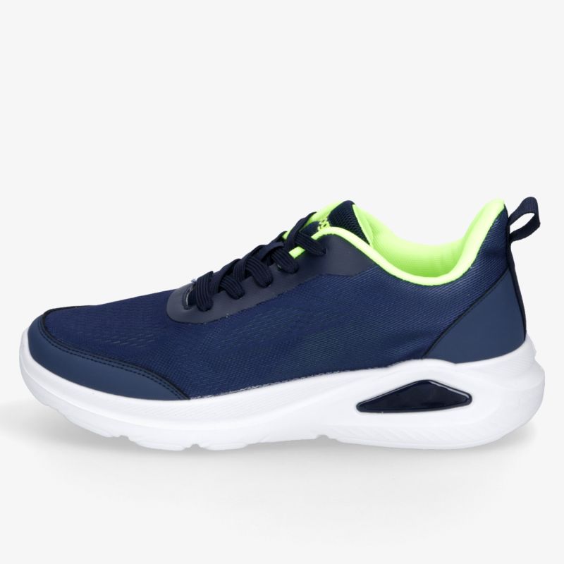 Dunkelblauer Sneaker mit leuchtend grünem Innenfutter, bequemer Dämpfung und sportlicher, moderner Optik.