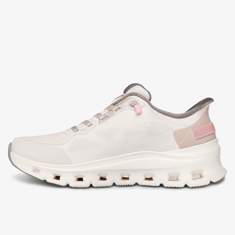 Moderner weißer Sneaker mit rosa Details und innovativer Sohlentechnologie.