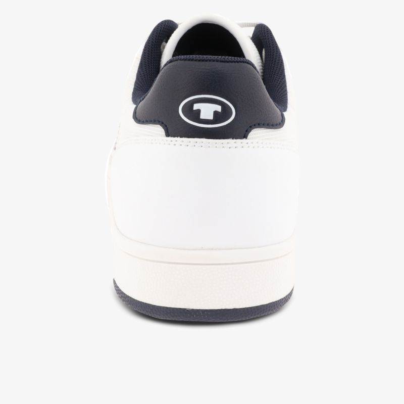 Rückansicht weißer Sneaker mit navyblauem Fersenbereich und Logo, sauber verarbeitet und bequem