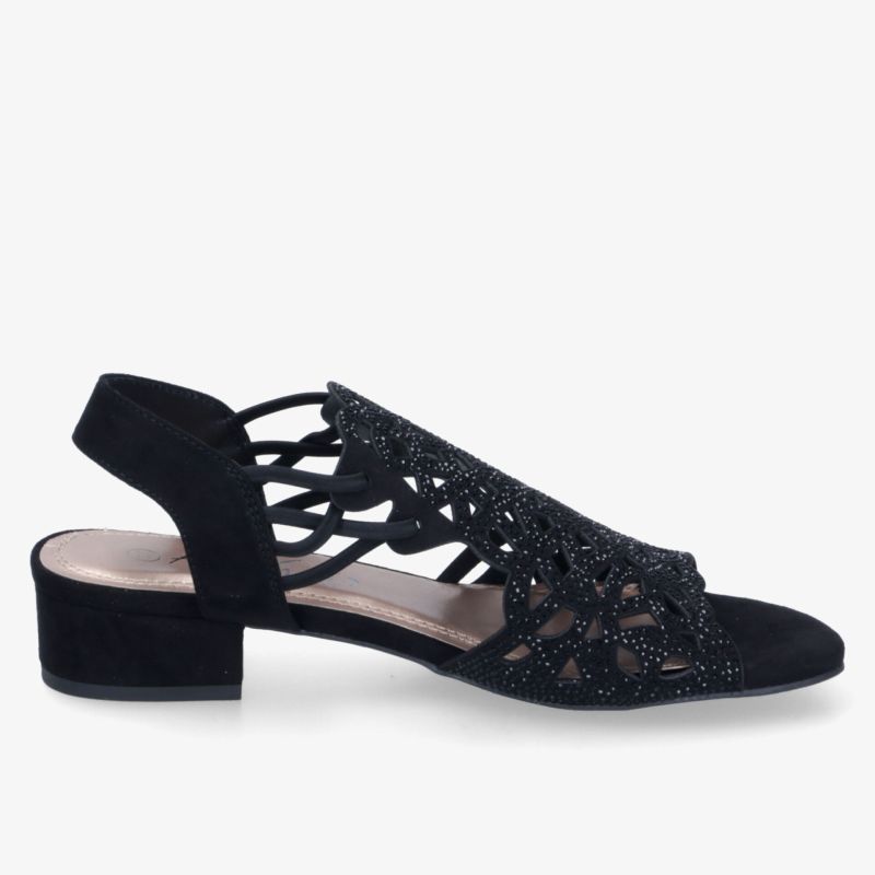 Elegante schwarze Sandale mit niedrigem Blockabsatz und verzierter Riemchenoptik für komfortablen Tragekomfort